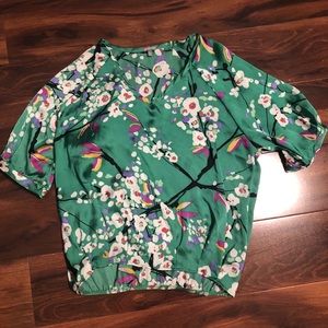 Silk Green 3/4 Japanese Blossom Floral Blouse